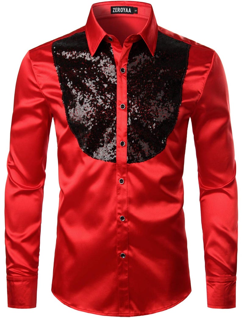 ZEROYAA Men's Shiny Sequins Design Silk Like Satin Button Up Disco Party Dress Shirts with Bow Tie ZLCL22-Red Black Medium - Image 3